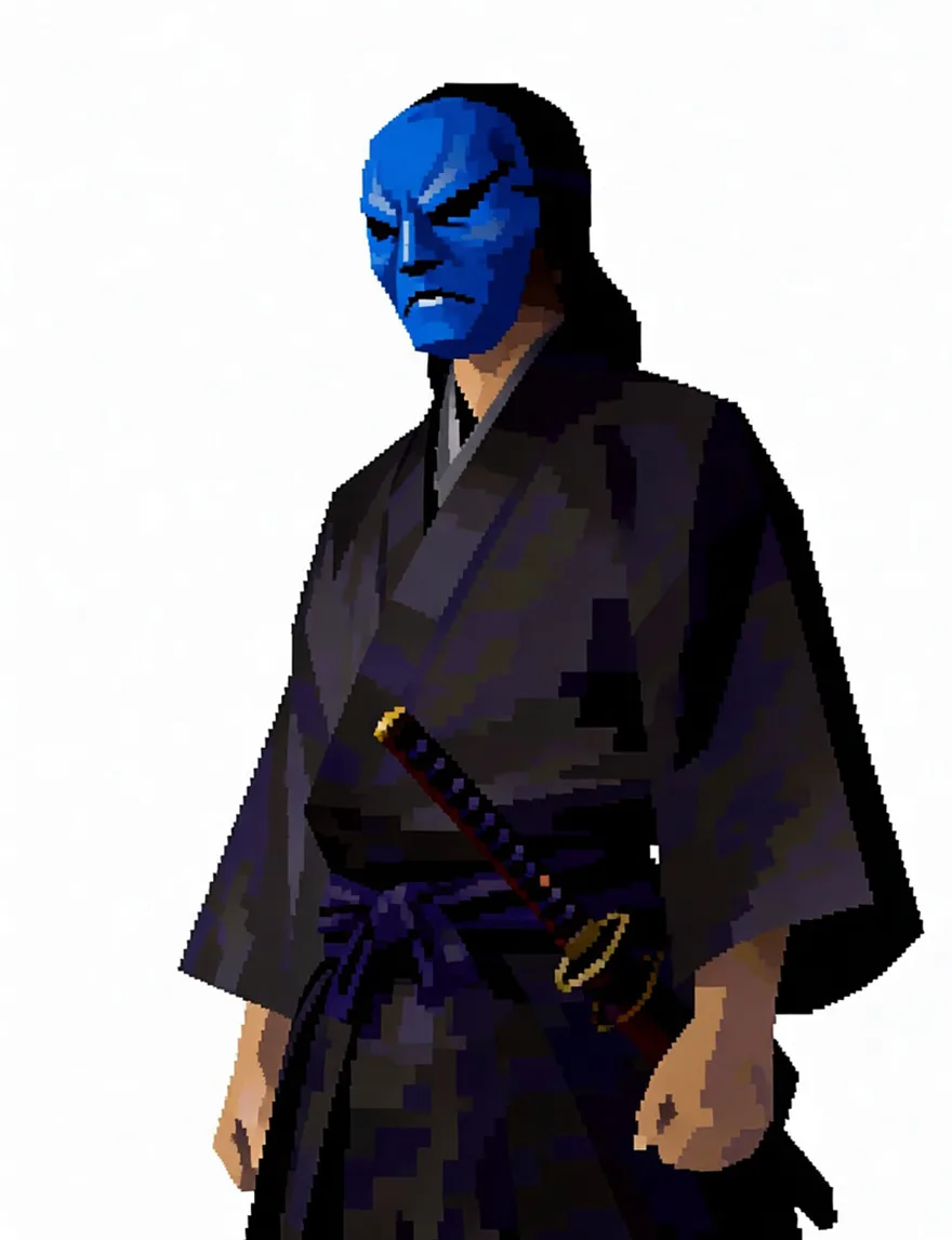 Pixel-art samurai after a one-instruction mask recolour — everything else unchanged