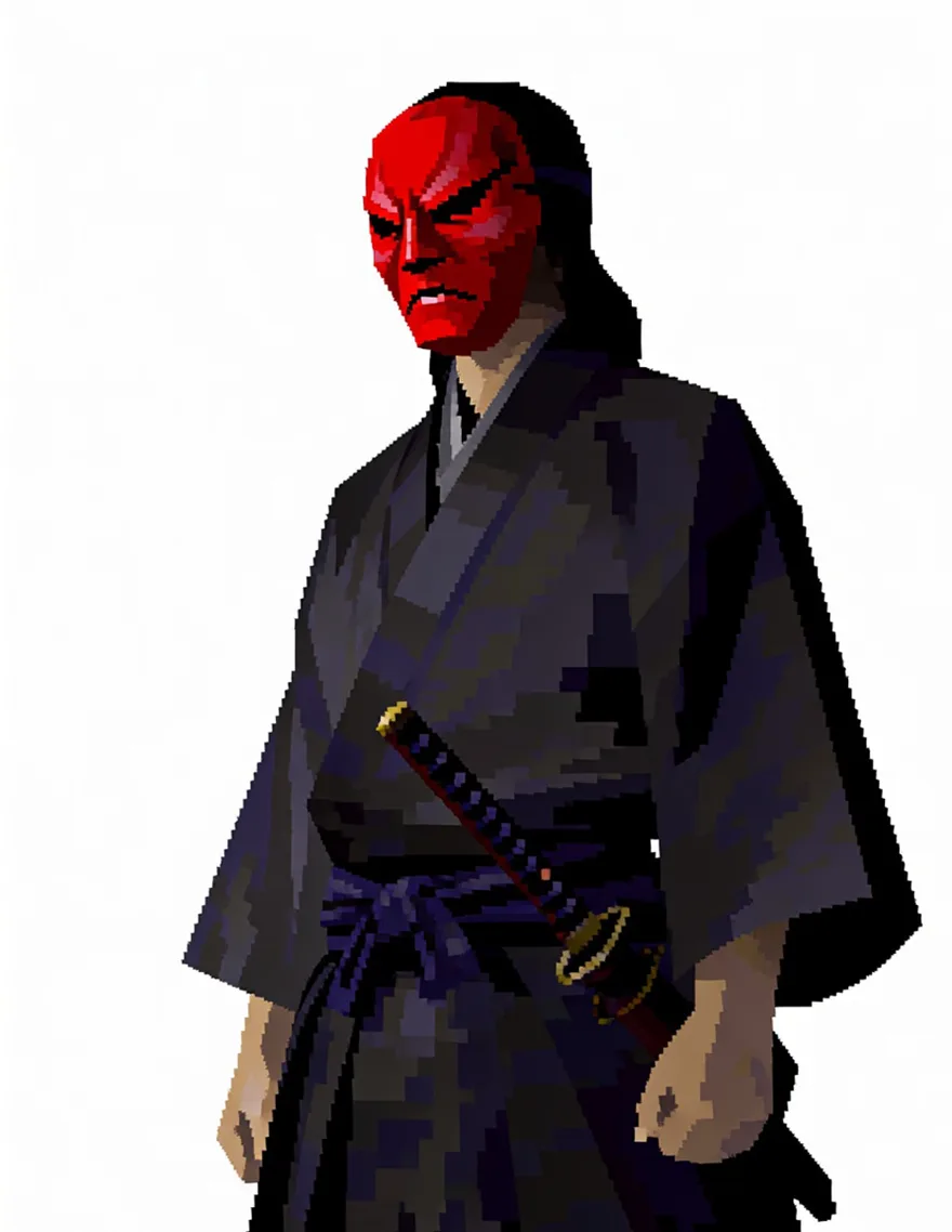 Pixel-art samurai with a red mask, before the edit