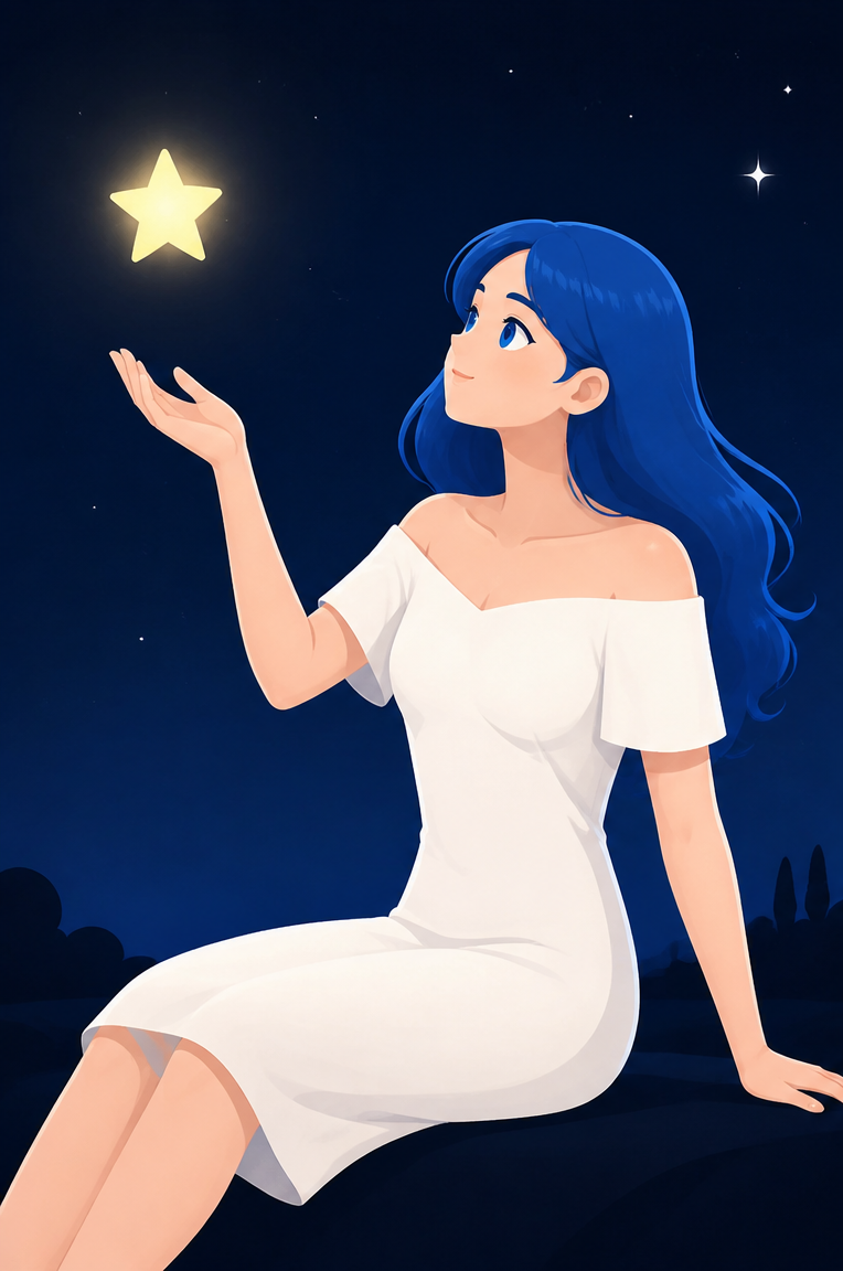 The blue-haired stargazer redrawn as a polished flat illustration, option 1