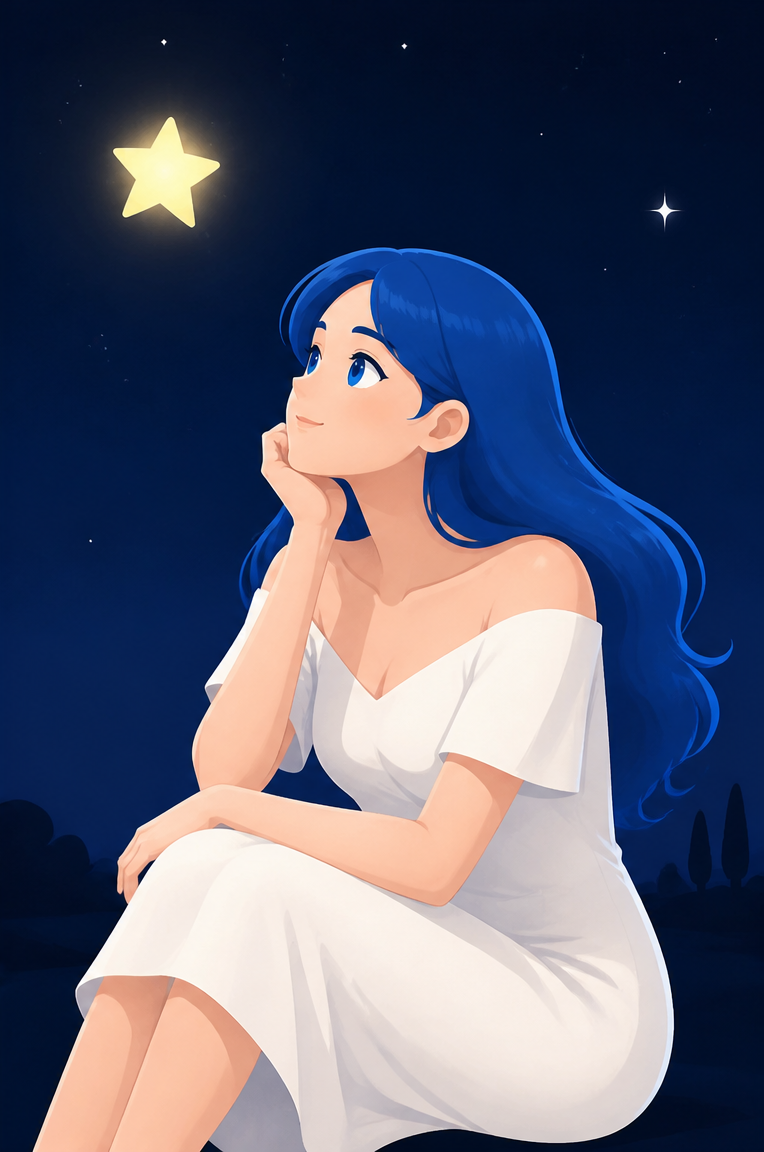 The blue-haired stargazer redrawn as a polished flat illustration, option 2