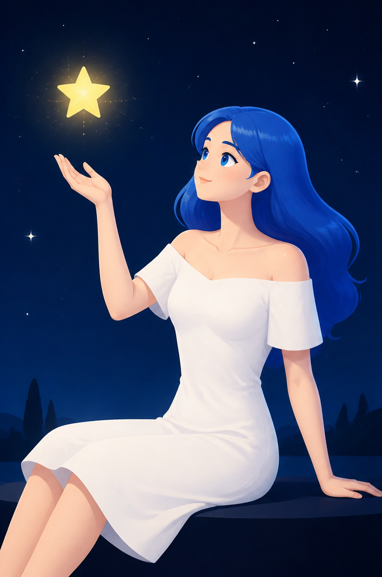The blue-haired stargazer redrawn as a polished flat illustration, option 3