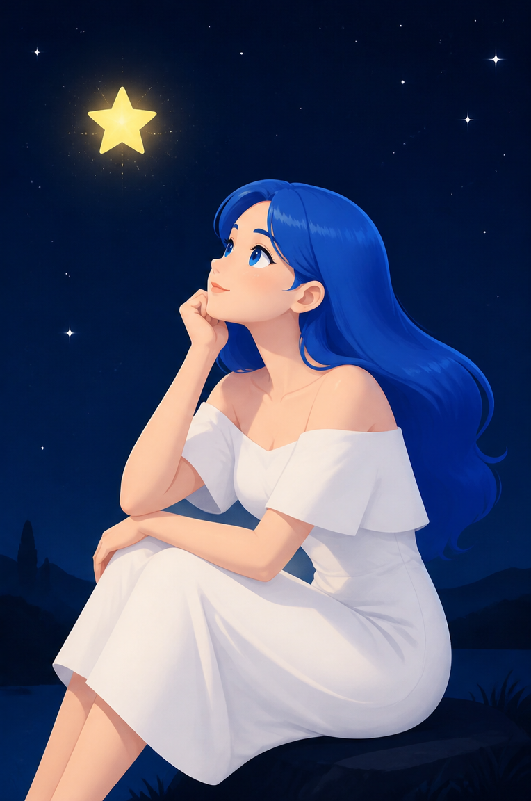 The blue-haired stargazer redrawn as a polished flat illustration, option 4
