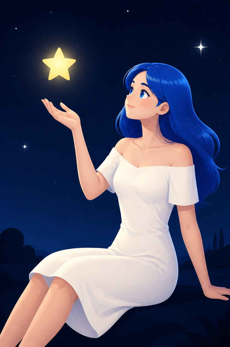 The blue-haired stargazer redrawn as a polished flat illustration, option 5