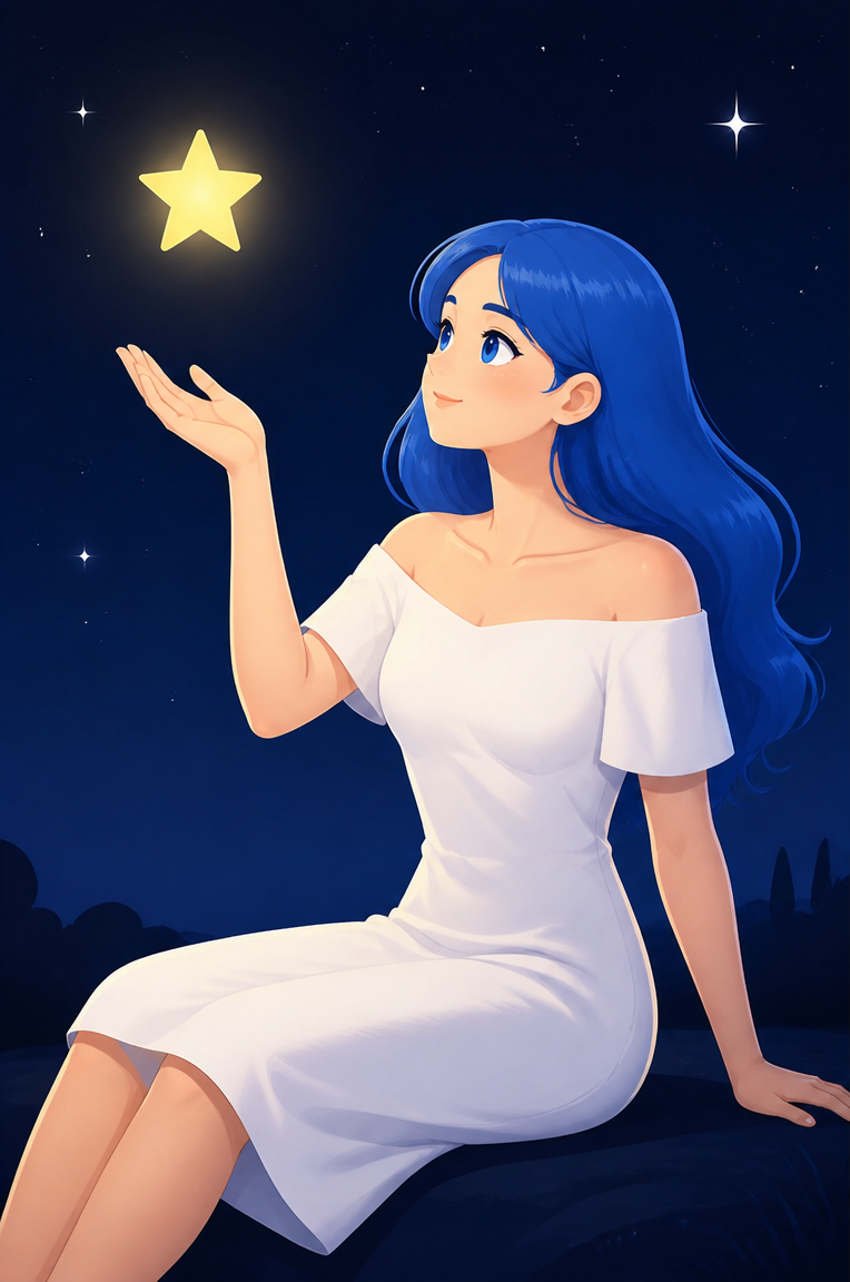 The blue-haired stargazer redrawn as a polished flat illustration, option 7