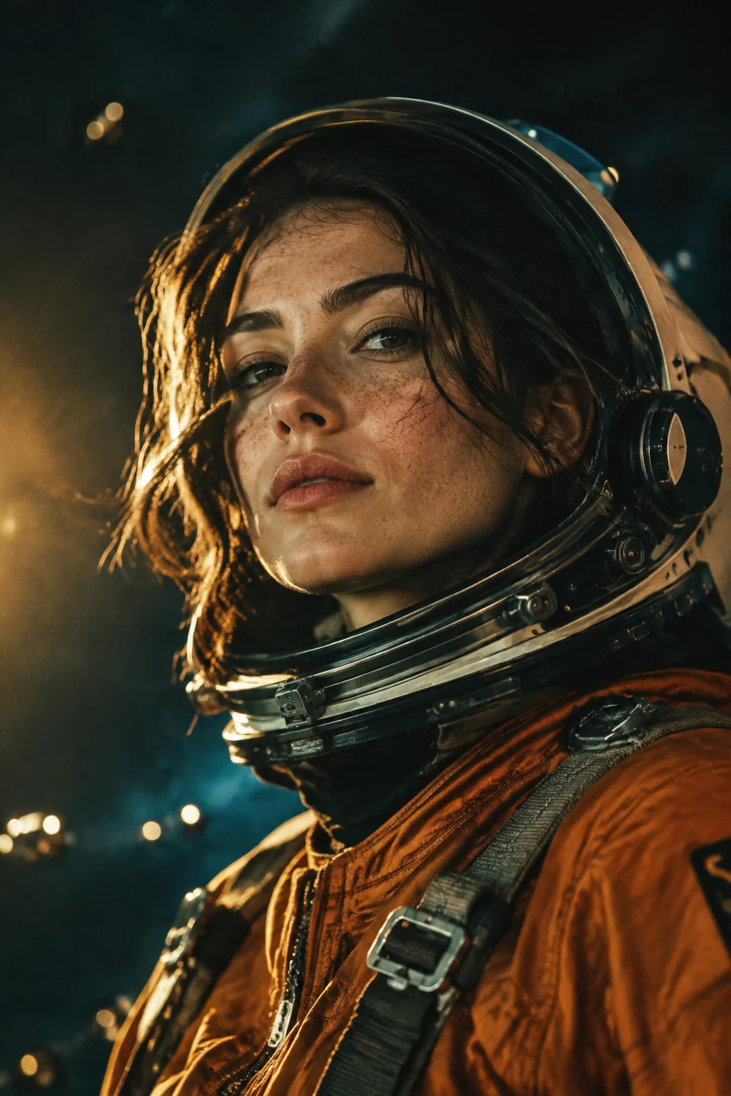 Cinematic portrait of a freckled astronaut in an orange flight suit, with warm light and deep teal shadows.