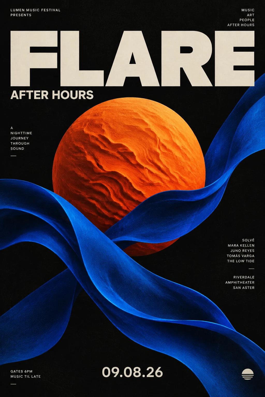 FLARE music poster with oversized cream lettering, an orange sun and sculptural cobalt ribbons.