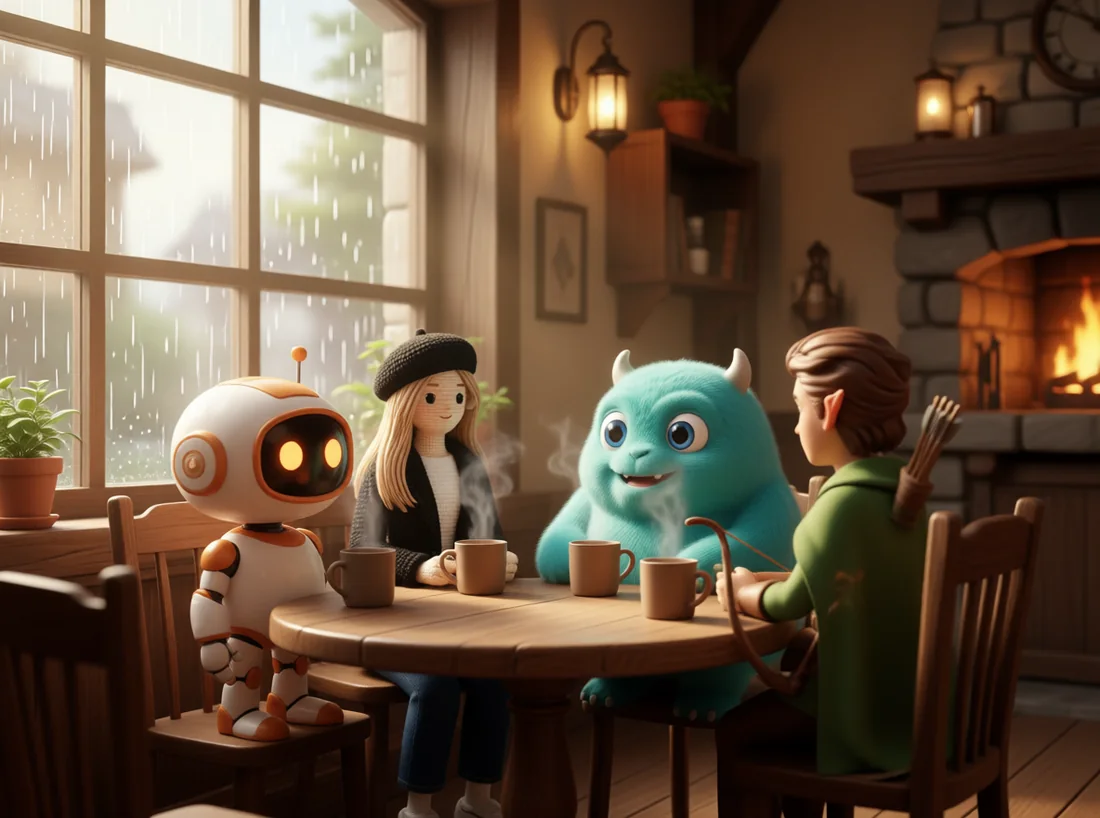 A robot, a crochet-plushie woman, a creature and an elf together in a cozy medieval café — made with the Combine tool