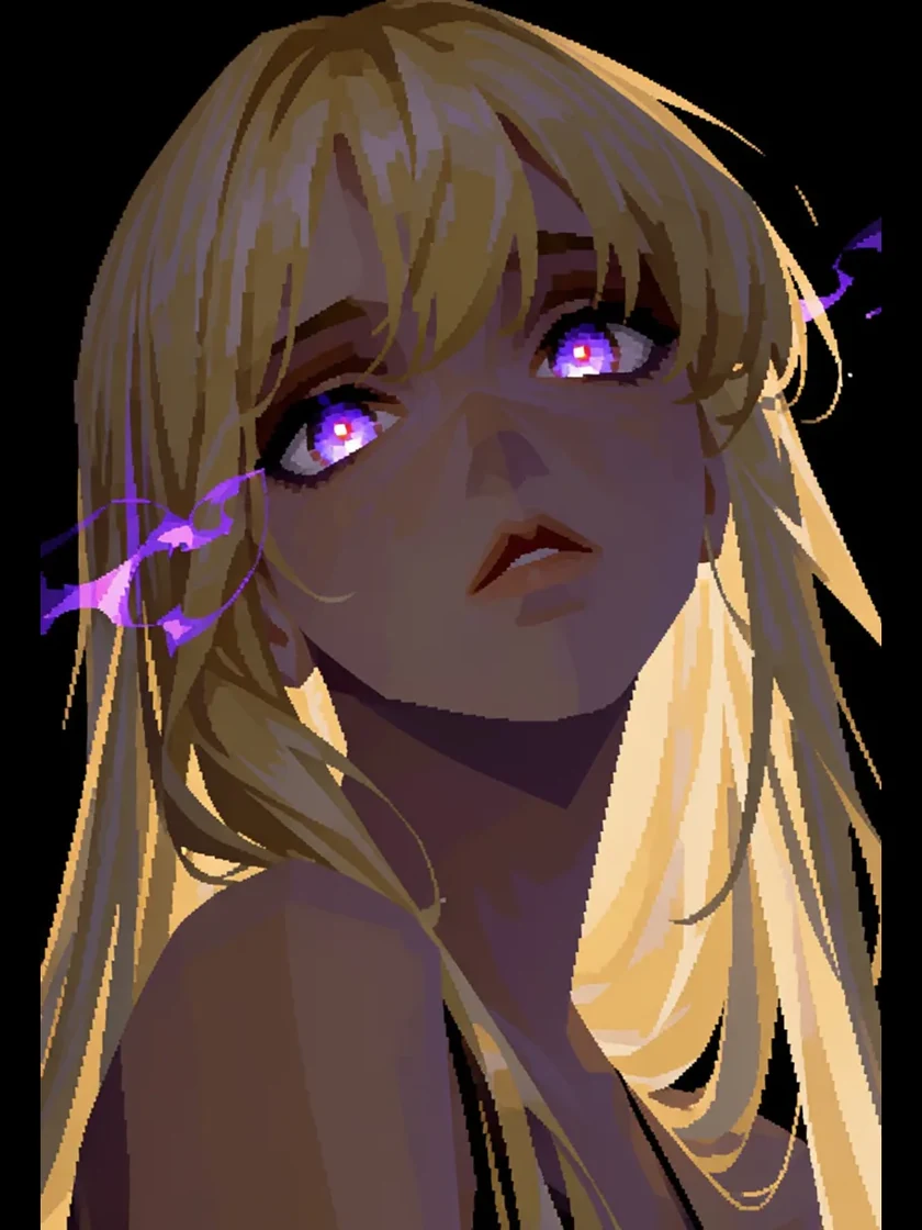 Anime close-up, glowing eyes converted to EZ PSX Blocky