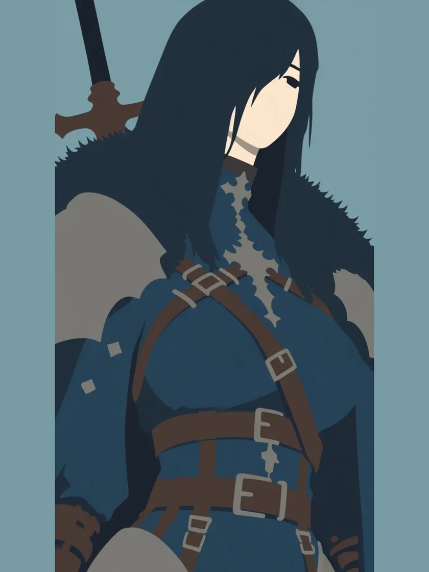 Flat illustration, cloaked swordswoman before conversion