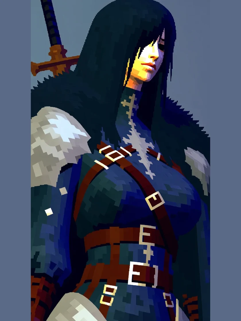 Flat illustration, cloaked swordswoman converted to EZ PSX Retro